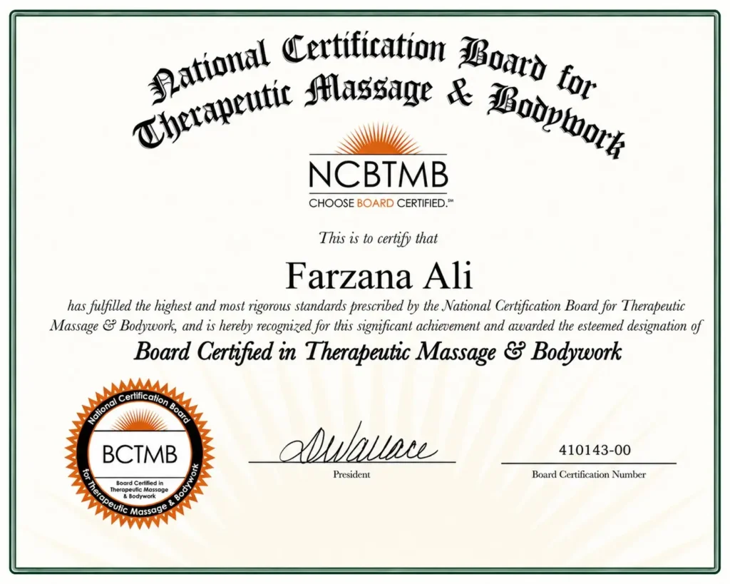 Farzana - Senior Massage Therapist Certification from National Certification Board for Therapeutic Massage & Bodywork (NCBTMB)